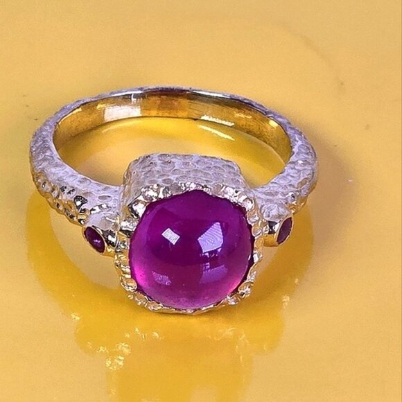 925 Sterling Silver 14K Gold Plated Avant-Garde Ring with Natural Ruby Gemstone - Picture 7 of 14